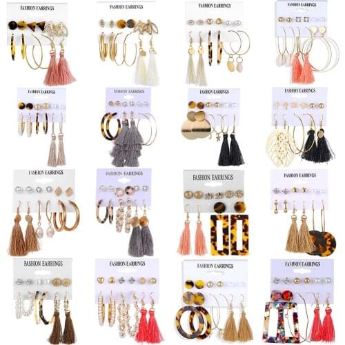 32 styles Hot Sale Trendy Earrings Acrylic Faux Pearl Circle Tassel Earings 6-Piece Set fashion earing for women wholesale