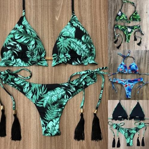 Women Padded Wireless Halter Bra Bandage Tassels Briefs Swimsuit Bikini Set comfortable wear perfect gifts for women