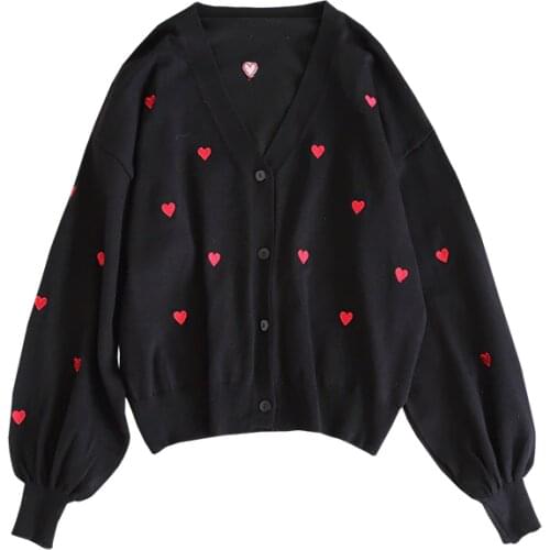PERHAPS U Women Sweater Knitted Long Sleeve Pink Black Thin Cardigans V Neck Autumn Heart Embroidery M0029