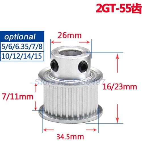 1PCS Aluminum Pulley 55 teeth Bore 5mm 6mm 6.35mm7mm 8mm10mm 12mm 14mm Timing Pulley for 6mm Timing belt