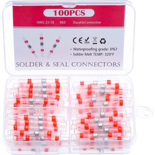 100pcs Solder Seal Butt Connectors 22-18 AWG Red Waterproof Heat Shrink Wire Connectors Terminals Automotive Electrical