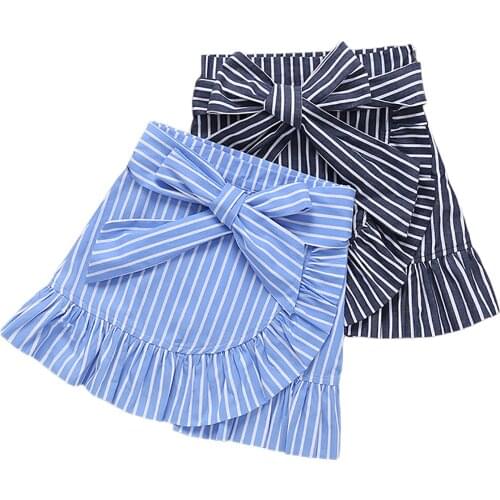 2021 2-7Y Kids Baby Girls Fresh Stripe Short Skirt Summer New Bow Bandage Ruffle High Waist Irregular A-line Skirt Bottoms