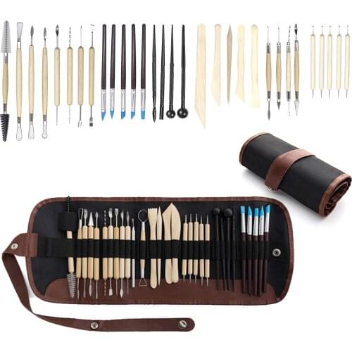 30Pcs Ceramic Wooden Pottery Carving Tool Set, Pottery Clay Modeling Tool Kit with Portable Bag for Beginners Professional Art