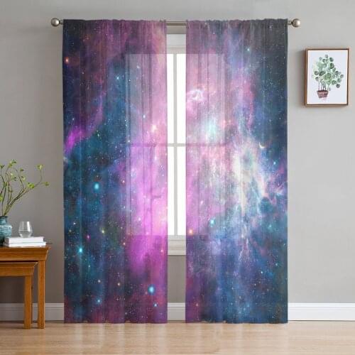 Purple Starry Sky Print Sheer Window Panel Curtains Room for Living Room Bedroom Kitchen Room Chiffon Tulle Curtains