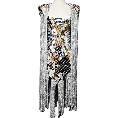 Sparkly Sequin Silver Tassel Women Dress Nightclub Show Stage Wear DJ Singer Dance Costumes Handmade Mirror Reflective Dress