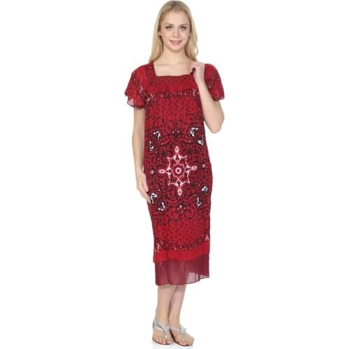 Short Sleeve Voile Square Collar River Dress Rich Pattern Red
