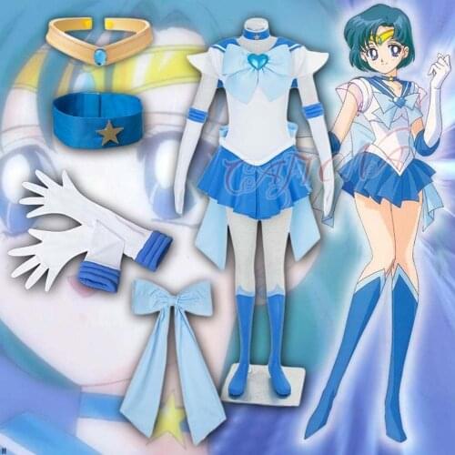 Cheapest Sailor Moon SuperS Ami Mizuno Sailor Mercury Cosplay Costume Sexy Girls Blue Dress Set High Quality