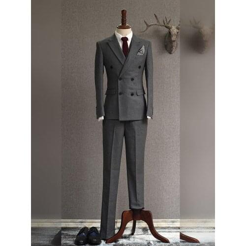 Double Breasted (Jacket+Pants) 2pcs Men Suits Set Grey Custom Made Best Men Suits Formal Business Wedding Party Groom Tuxedos