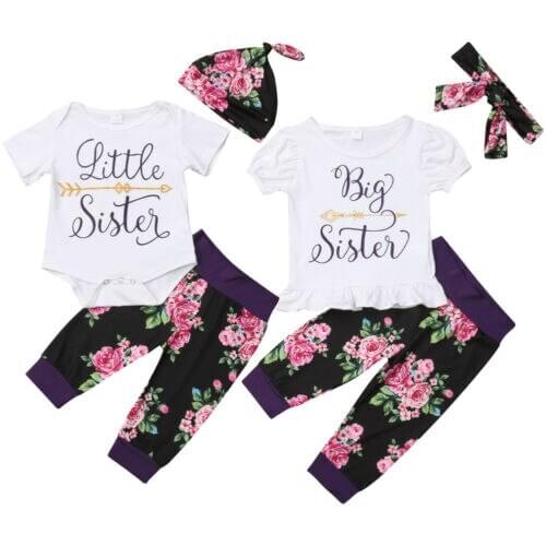 Sister Match Big Little Sister Girl Summer Clothes T-shirt Romper Top+Long Pants Outfit Clothes