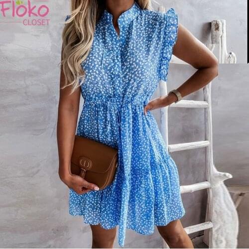 Flokocloset Stand Collar Flying Sleeve Lace Up Ruffle Mini Dress Summer Sleeveless Polka-Dot Print Party A-LINE Sundress