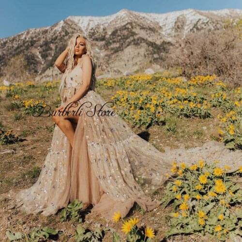 2021 Fashion Sequins Star Embroidery Mesh Prom Gowns To Photography Sexy See Thru Tulle Party Dresses With Long Train Vestidos