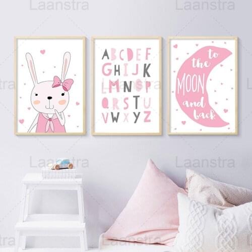 Cartoon Home Decoration Painting Pink Rabbit Childrens Room Wall Canvas Poster English Letters Kids Bedroom To The Moon Print