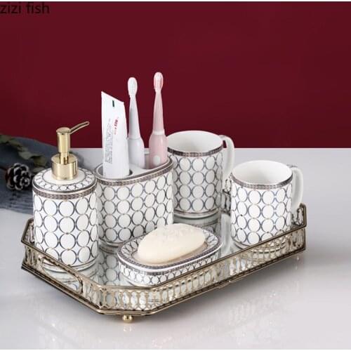Geometric Decor Painted Bathroom Set Portable Soap Dispenser Tooth Brush Holder Mouth Cup Ceramic Shower Accessories Mirror Tray