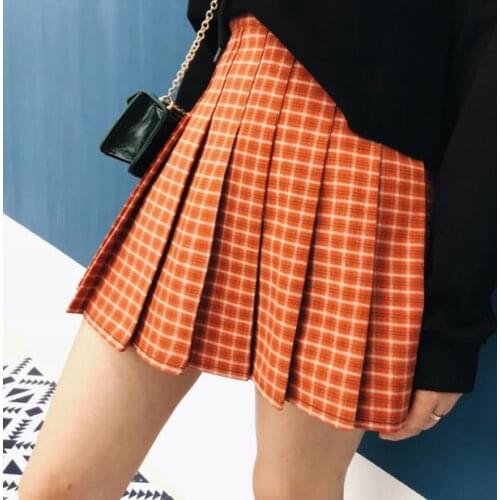 New Women Cute Sweet Style Big Size High-waisted Orange Red Chequered A-shaped Fashion Mini Short Skirt XS-5XL