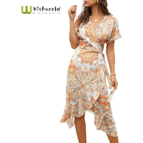 Wishworld 2021 New Retro Waist V-neck Lace Up Ruffle Dress Fashion Women Sexy Holiday Casual Sundress Party Club MIDI Dress