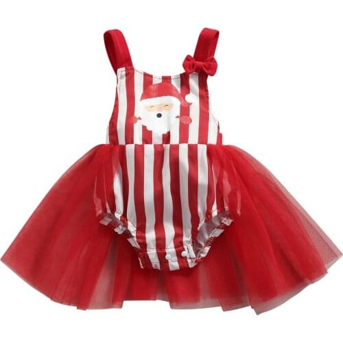 Newborn Christmas Tulle Romper Baby Girls Color Block Stripe & Santa Claus Print U-shaped Neck Playsuit with Bowknot