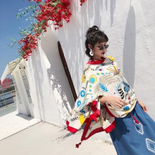 Ethnic Style Printing Autumn and Winter New Tassel Extended Scarf Womens Travel Sunscreen Silk Scarf Dual Purpose Shawl Neck