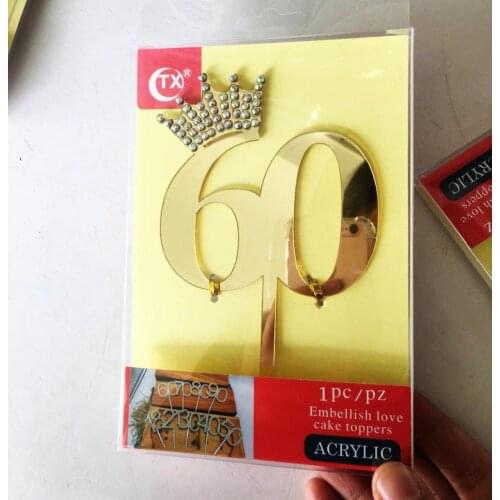 Creative gold acrylic Happy Birthday gold Cake Topper 60 years old cake topper Cake Flags for Birthday Party Party Decor