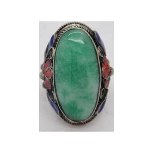 Details about Collectible Chinese Inlay Green Jade Old Tibet Silver Cloisonne Flower Ring