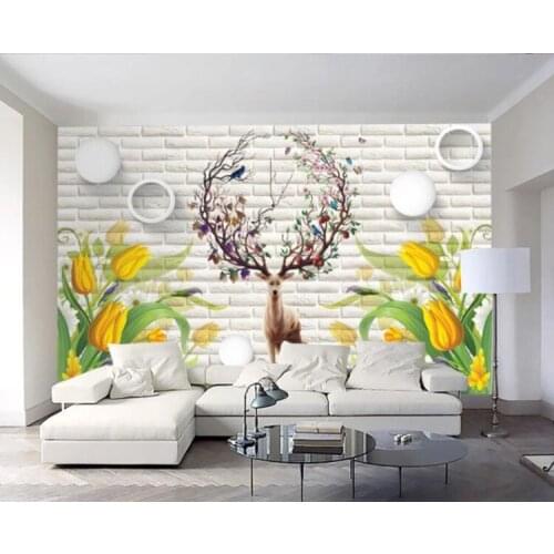 Custom 3D Mural Wallpaper Tulip Elk 3D Brick Wall TV Background Wall Living Room Sofa TV Background Wallpaper