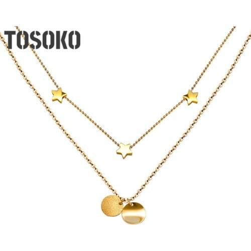 TOSOKO Stainless Steel Jewelry Frosted Round Five Pointed Star Double Necklaces Romantic Clavicle Chain For Women BSP564