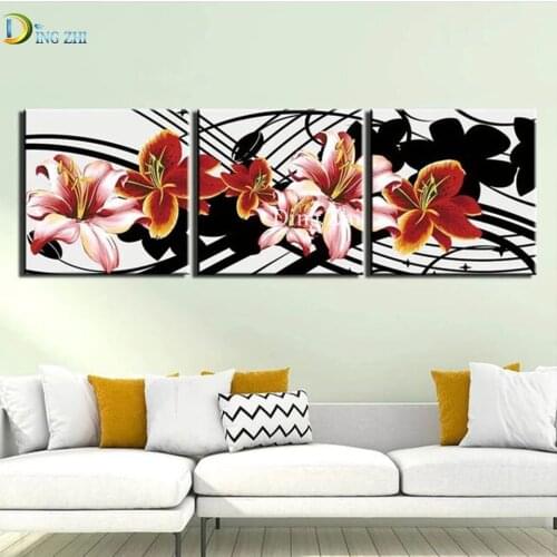 Triptych 5D Diy Diamond Painting Home Decor Lily Flowers Picture Cross Stitch Mosaic Embroidery Full Drill Living Room Wallpaper