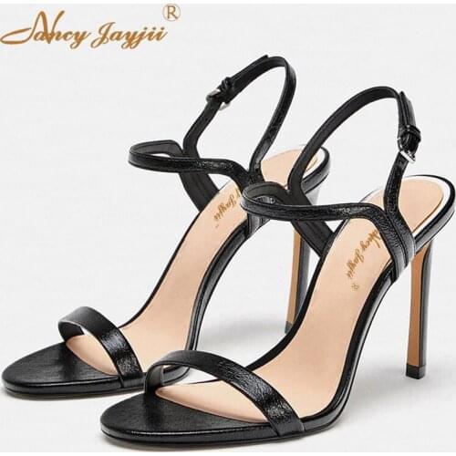 Female Shoes Woman Ladies SandalsBlack/Golden solid Ankle-Wrap Buckle Super High thin heels Basic Mature Fashion Elegant2019