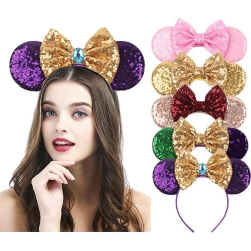 Pretty Mouse Ears Headband Girls 5'' Sequin Bow Hairband Halloween costume Festival Party Women DIY Hair Accessories