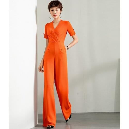 2020 Women Summer Party Jumpsuit High Street Chiffon Elegant V-neck Wide Leg Orange Jumpsuits Rompers Plus Size 3XL 4XL