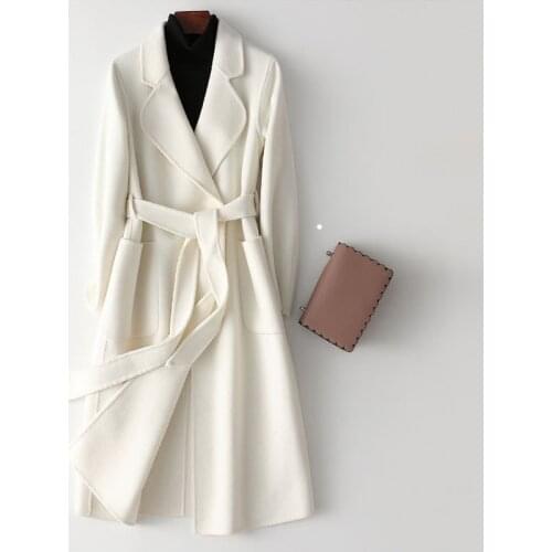 Fashion Women Woolen Coat 100% Wool Handmade Pure Color Women White Wool Coat With Belt Chaqueta Mujer Femme
