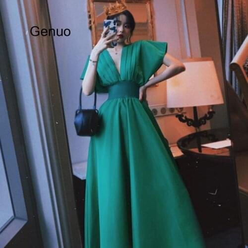 Retro Chiffon Dress High Waist Green Short Sleeve Long Dresses Deep V-neck Korean Style Evening Party Robe Vestido 2020 New