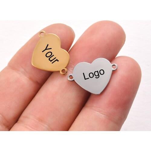 Stainless Steel Custom Heart Logo Tags Bracelet Connectors Charms DIY Jewelry Findings Connector Accessory 2 Holes DIY Charms