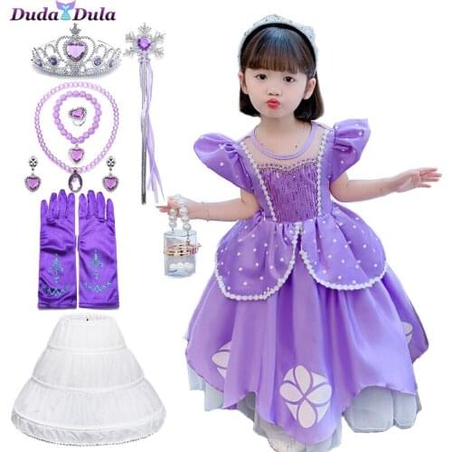 Girls Princess Sofia Dress Cosplay Costume Kids Sequins Layered Deluxe Gown Child Carnival Halloween Party Fancy Dress up Sophia