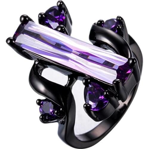 Elegant Female Big Purple Stone Ring Vintage 14K Black Gold Wedding Rings For Women Promise Love Engagement Ring