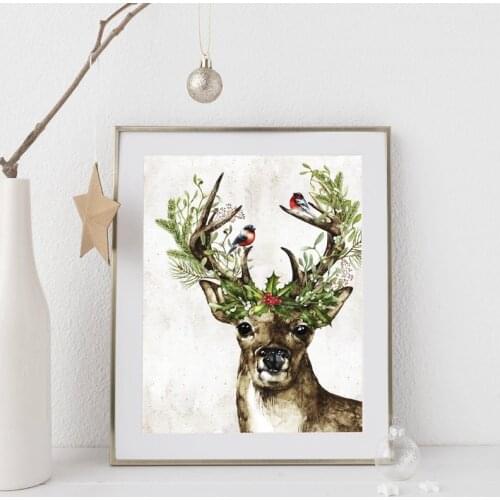 Woodland Animal Deer Print Winter Holly Berries Christmas Holiday Decoration Poster Wall Art Canvas Painting Farmhouse Decor