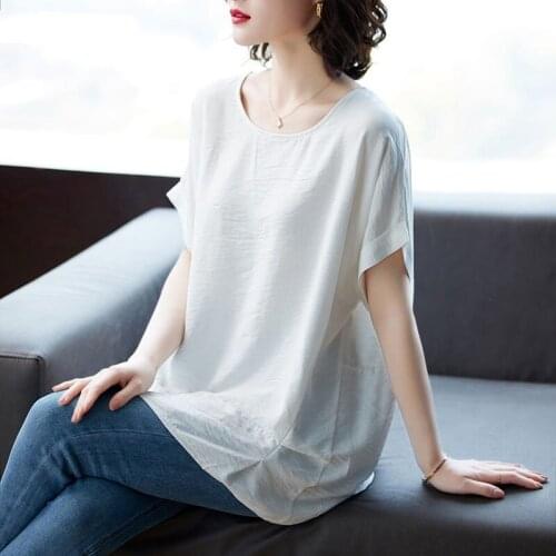 Ice Silk T-Shirts Mother Tops Summer Pullover New Middle Age O-neck White Women Short Bat Sleeve Tee Casual Plus Size 5XL X230