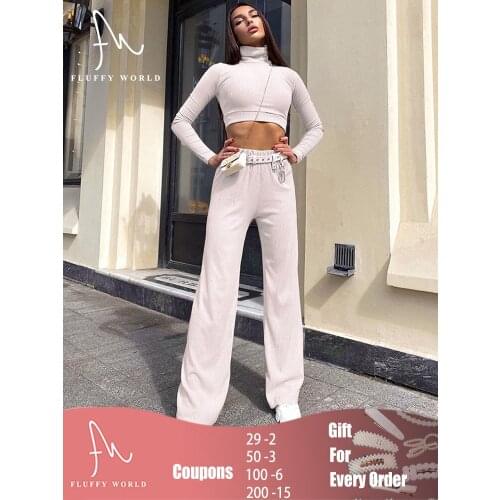 Two Piece Sets Women Solid Autumn Wide Leg Pant Set and Turtleneck Crop Top Casual Elegant Classic Matching Outfits Female 2021