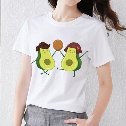 Summer Womens New Casual T-shirt Slim All-match T-shirt Anime White Cute Cartoon Happy Avocado Print Comfortable Short Sleeves