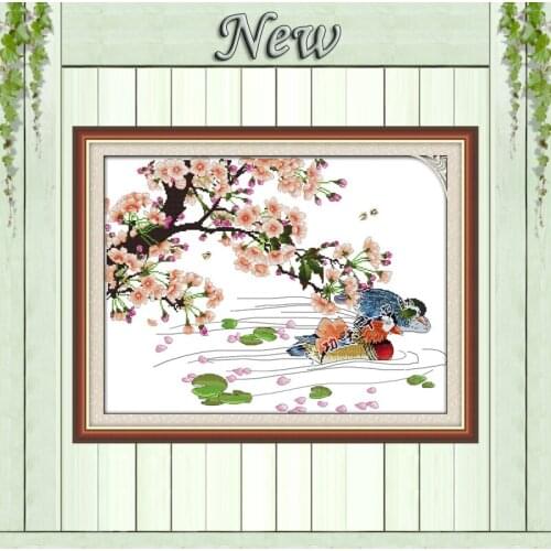Mandarin duck flower lake love painting counted print on canvas DMC 11CT 14CT Chinese Cross Stitch kits embroider needlework Set