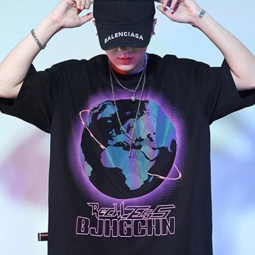 2021 New Chic T Shirts Men Luminous Globe Pattern Oversized T Shirt Graphic Tops Couple Style Fashion Shirt Dancing Party Gifts