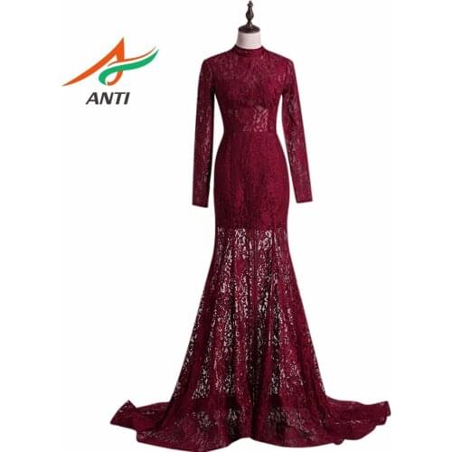 ANTI New Exquisite Burgundy Lace Long Prom Dresses 2018 Crystals Mermaid Floor Length Women Party Dresses With Long Sleeve