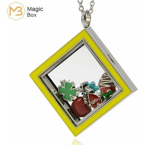 Stainless steel pendant glass Silver gold square necklace letter memory life glass magnetic suspension small box pendant female