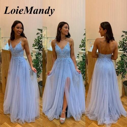 Mbcullyd Tulle Split Prom Dresses Long 2020 Applique Lace Imported Evening Dress Spaghetti Strap vestidos de fiesta de noche