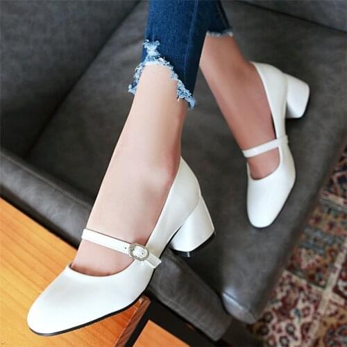 Mary Jane Shoes for Women Block Heel Woman Pumps Patent Leather Chunky High Heels Dress Office Work Wedding Shoes Bridal White