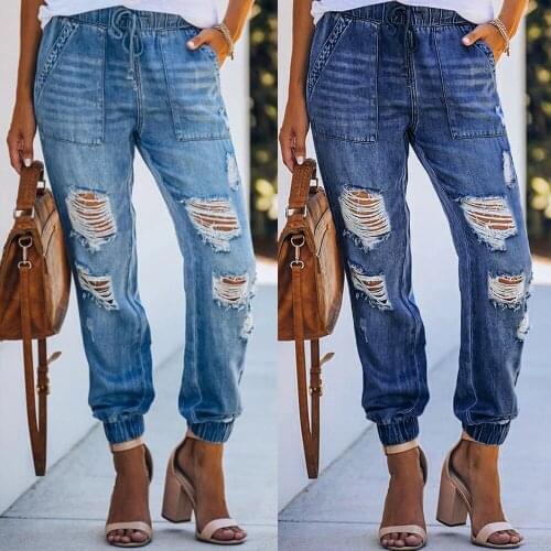 2021 autumn new fashion jeans elastic waist drawstring hole casual mid-waist harem pants women