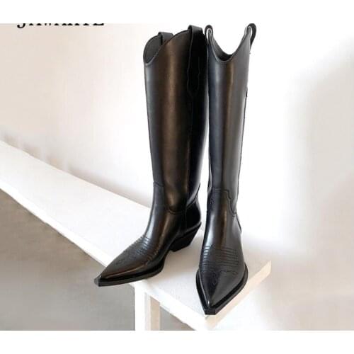Western Cowgirl New leather pointed Toe Knee high boots women Square Kitten heels female Winter long boots Cowboy Knight Botas