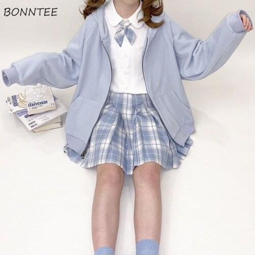 Hoodies Women Solid Zip-up Hooded Loose Casual Oversize Thicken Preppy Style Sweet Ins Chic Korean Kawaii Lolita All-match Tops