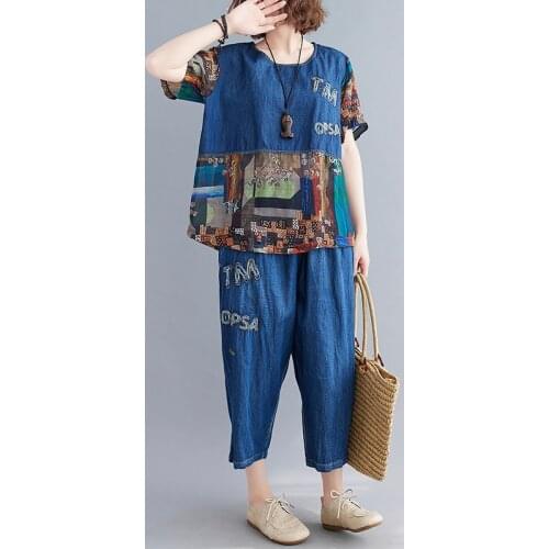 Denim Vintage Spliced Print 2 Two Piece Set Summer Short Sleeve Tee T-shirt Women Tops Loose Casual 2021 Fashion Jeans Pants