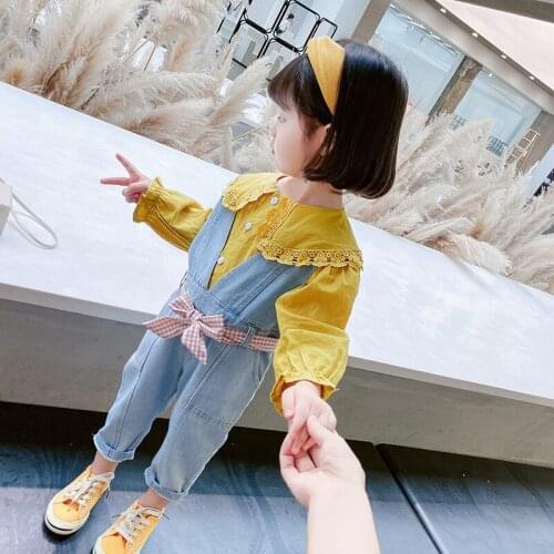 2 3 4 5 6 Years Toddler Girl Sets Fashion Korean Long-sleeved Blouse Denim Overalls Kids Clothing Autumn Children Girl Suits New