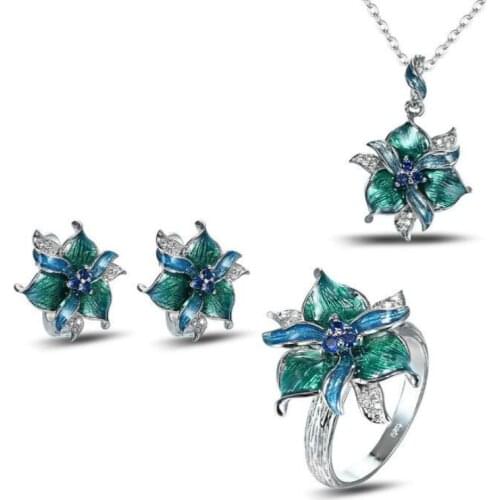 Luxury Bohemia Silver Jewelry Sets for Women Elegant Elegant Flower Petal Green Enamel Necklace Ring Earrings Retro Jewelry